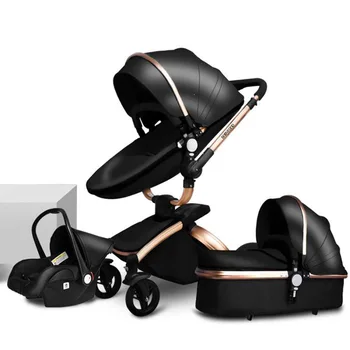 Роскошная Кожаная детская коляска 3 в 1 с двусторонней Подвеской 2 в 1, Безопасное Автокресло для коляски, Люлька для новорожденных, Складная детская коляска