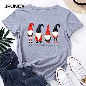JFUNCY, женские топы из 100% хлопка, Рождественская футболка с принтом Санта-Клауса, Женская футболка, женские футболки с коротким рукавом и рисунком