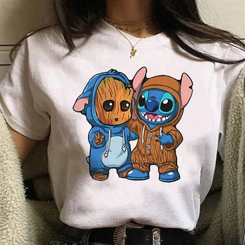 Футболка Disney Stitch and Groot для женщин, Милая забавная одежда Instagram с принтом, Летние футболки, модная футболка Harajuku Femme