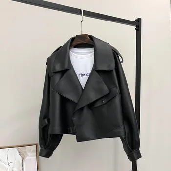 2023 Весенняя женская Короткая куртка из искусственной кожи на одной пуговице, черное мото-байкерское ветрозащитное пальто, Теплая верхняя одежда с отложным воротником