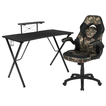 Optis Черный игровой стол и камуфляжное/черное гоночное кресло в комплекте с подстаканником, крючком для наушников и подставкой для монитора /смартфона