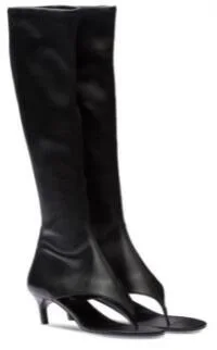 Новейшие черные кожаные сапоги-стринги на низком каблуке с острым носком, женские модные облегающие эластичные длинные сапоги до колена без застежки, обувь