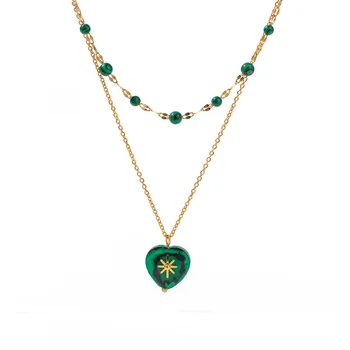 ALLNEWME Шикарные Зеленые малахитовые ожерелья с подвеской в виде монеты из натурального камня в виде сердца для женщин, золото 18 Карат, двухслойное колье из нержавеющей стали