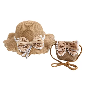 Соломенная шляпа для маленьких девочек, солнцезащитная шляпа с широкими полями и сумкой через плечо, летняя пляжная шляпа с бантом