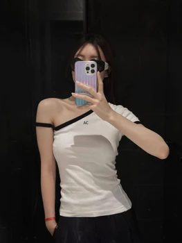 143804, модная Классическая роскошная дизайнерская черно-белая контрастная футболка с открытыми плечами, асимметричная футболка с коротким рукавом Для женщин