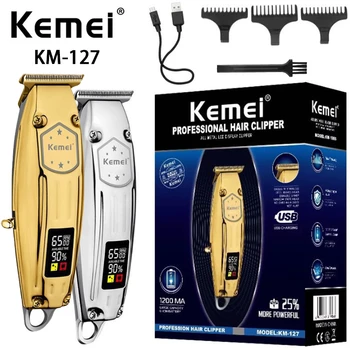 Kemei 127 barbeiro elétrico 6500rpm de íon lítio aparador cabelo display aparador barba para homem metal completo habitação