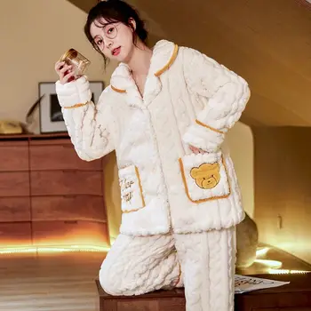 Осенне-зимняя новая пижама из кораллового бархата с утеплением; женский костюм; милая накидка для лица; можно носить вне домашней одежды