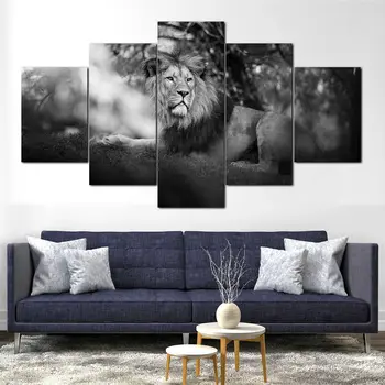 Плакат с животными из 5 частей, Модульный Серый Молодой лев, лежащий на четвереньках, Настенное искусство, холст, картины, Настенные украшения для гостиной