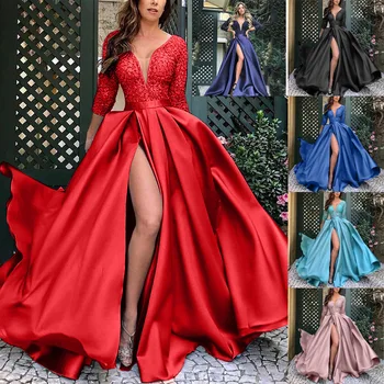 Плюс Размер 5XL, Женское Вечернее Платье Qipao Cheongsam, Сексуальное Платье с Глубоким V-образным вырезом и Высоким Разрезом, Вечернее Платье в стиле Пэчворк, Кружевное Vestidos