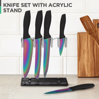 Набор кухонных ножей HAUSHOF, 5 предметов, Радужные наборы ножей с блоком, Набор ножей премиум-класса из стали для кухни с эргономичной ручкой