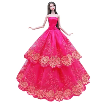Ярко-розовое Кружевное платье принцессы с цветочным рисунком и открытыми плечами для куклы Барби, одежда для свадебной вечеринки, 1/6 Аксессуары для кукол BJD, Подарок ребенку