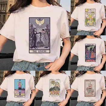 Женская футболка с цветочным рисунком Карты Таро, футболки с забавным принтом времени, графические футболки, Женский топ, модная летняя футболка с короткими рукавами и героями мультфильмов