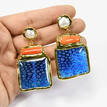 GG Jewelry Большие Синие Серьги-гвоздики из Муранского Стекла, Оранжевая Коралловая Ветка, Позолоченные Серьги-гвоздики с Жемчугом, Женские подарки
