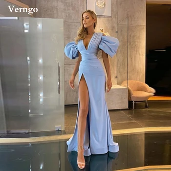 Verngo 2021, Светло-голубое шифоновое и атласное вечернее платье Русалки с V-образным вырезом, короткими рукавами, Складками и высоким разрезом, Сексуальные Длинные Платья для выпускного вечера
