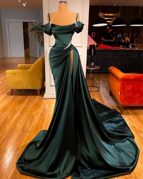 Вечерние платья с открытыми плечами, Длинные Бусы Merimaid 2021, Африканские женские Зеленые атласные вечерние платья с высоким разрезом, Большие Размеры
