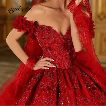 Красные Пышные платья с вышивкой, расшитые бисером, Элегантное вечернее платье для выпускного вечера с открытыми плечами для женщин, бальное платье с аппликацией из тюля