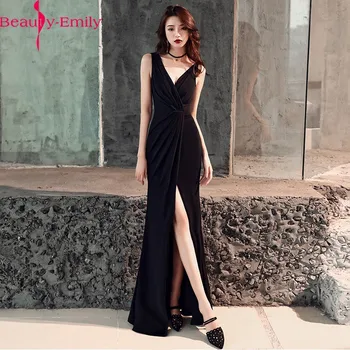 Beauty Emily Элегантное Вечернее платье Русалки с V-образным вырезом 2020, Модные Плиссированные Черные Простые Атласные Длинные Платья без рукавов, реальное фото