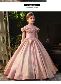 Розовые блестящие платья с цветочным узором для девочек, Элегантное бальное платье принцессы для детского Дня рождения, Простое платье в пол с бантом для Первого причастия
