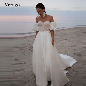 Verngo Корейские Атласные свадебные платья Трапециевидной формы с короткими рукавами, Пляжные свадебные платья в горошек, свадебное платье в стиле милой Кантри Со шлейфом