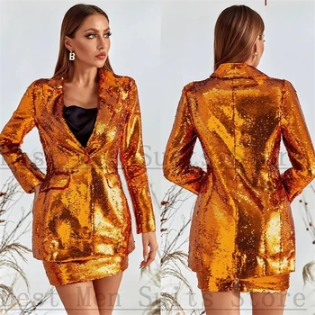 Женские юбочные костюмы с золотыми блестками, комплект из блейзера + мини-платье для выпускного вечера, 2 предмета, официальный офисный пиджак, сшитые на заказ Костюмы для особых случаев