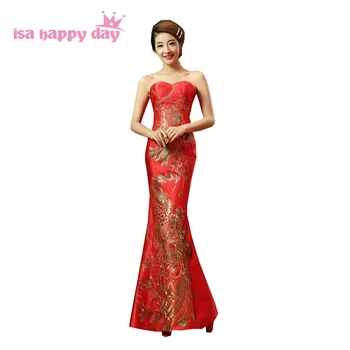 красное платье русалки, длинное платье невесты без бретелек в китайском стиле, вечерние платья для помолвки 2020, элегантные платья для свадьбы W2939