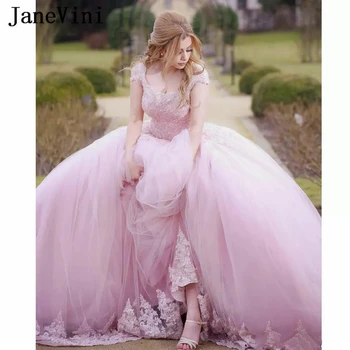JaneVini Элегантное бальное платье Розового Цвета, длинные пышные платья с круглым вырезом, аппликации из бисера, пышные тюлевые платья Принцессы для выпускного вечера на заказ