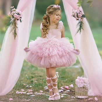 Розовое Бальное платье, праздничные платья для девочек, Многоуровневые оборки, Детские платья на День рождения для фотосессии, Детские платья для девочек без рукавов