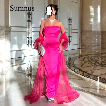Sumnus, ярко-розовые шелковые атласные вечерние платья Со съемными рукавами-накидками, Жакет, Длинное платье без бретелек для выпускного Вечера, Саудовские арабские женщины