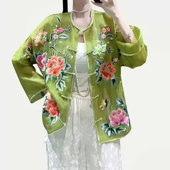 Высококачественная летняя новая винтажная однобортная куртка с круглым вырезом из шелковой органзы, вышитая крупным цветком, с длинным рукавом, женская куртка S-XXL