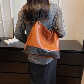 Сумка для поездок на работу Большой емкости на одно плечо, кожаная сумка контрастных цветов, женская винтажная модная повседневная сумка