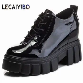Обувь на платформе в стиле панк-гот, Женские Ботильоны из натуральной кожи, Оксфорды на Танкетке со шнуровкой и высоком Каблуке Mililtary Creeper, Обувь 34-39