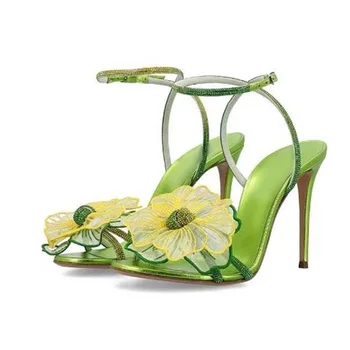 Зеленая Металлическая Кожа, Шелковый ремешок на щиколотке с цветочным узором, Босоножки на высоком каблуке, Хрустальный ремешок через плечо, Женские свадебные туфли на тонком каблуке