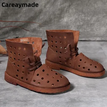 Careaymade-Женские ботинки из натуральной кожи, Весенние Новые Полые короткие ботинки на мягкой подошве в стиле ретро, Повседневные кожаные женские крутые ботинки