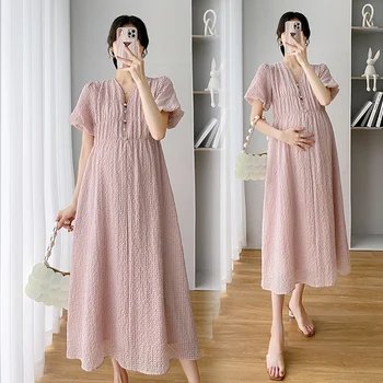 2023 Летнее Корейское Модное Длинное платье для беременных, Элегантная Свободная одежда Трапециевидной формы для беременных Женщин, Платье для беременных после родов Ins